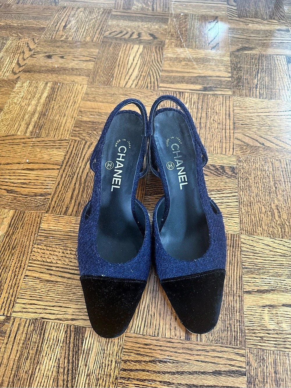 Chanel Tweed Slingback Pumps in Blue & Black